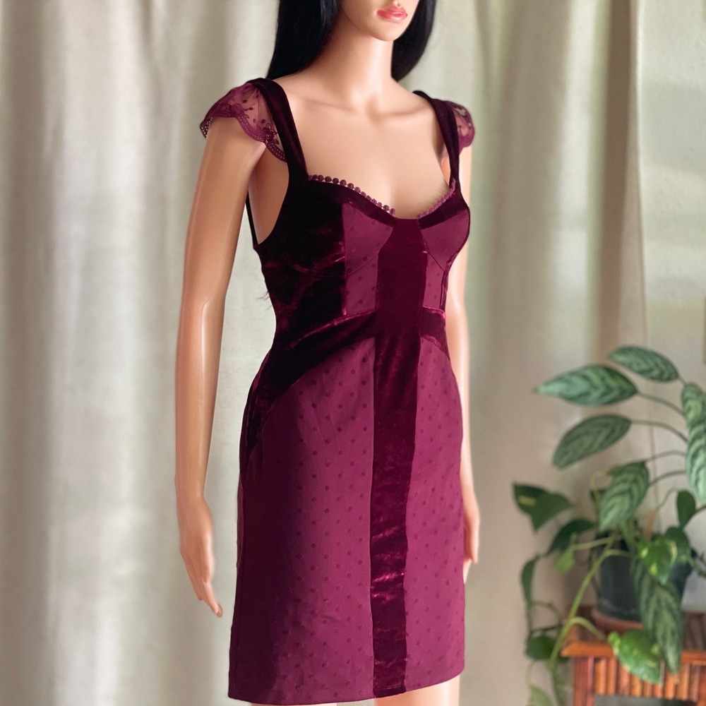 Free People Madeline Burgundy Velvet Polka Dot Mini Dress Bodycon Whimsigoth M